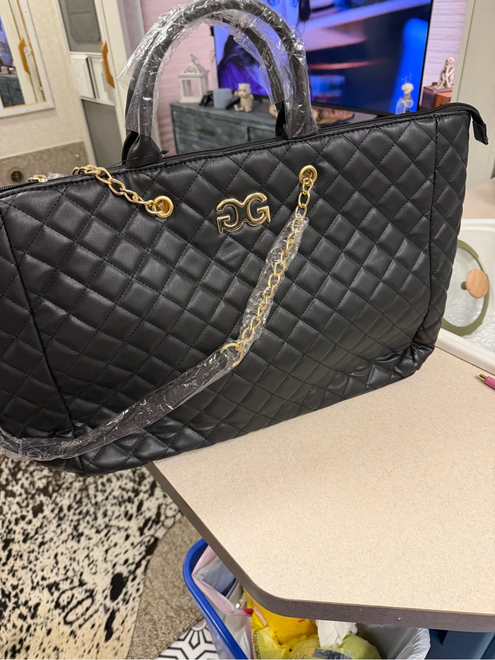 Quilted Black Tote with Gold Chain Accent